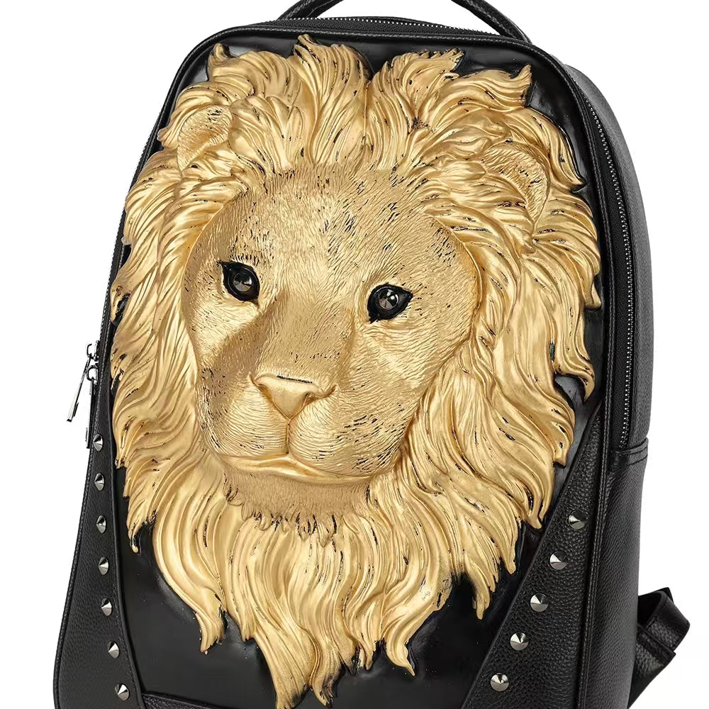 3D Leather Backpack 3D Lion Head Modeling outdoor Backpack Travel Computer Bags Large