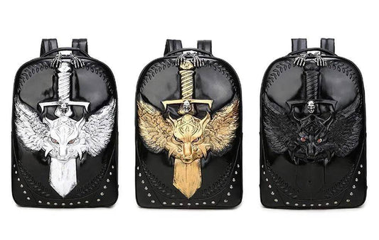 Fashion Punk Rivets Backpack 3D Wing Wolf - Warrior Cartoon Backpack Knapsacks