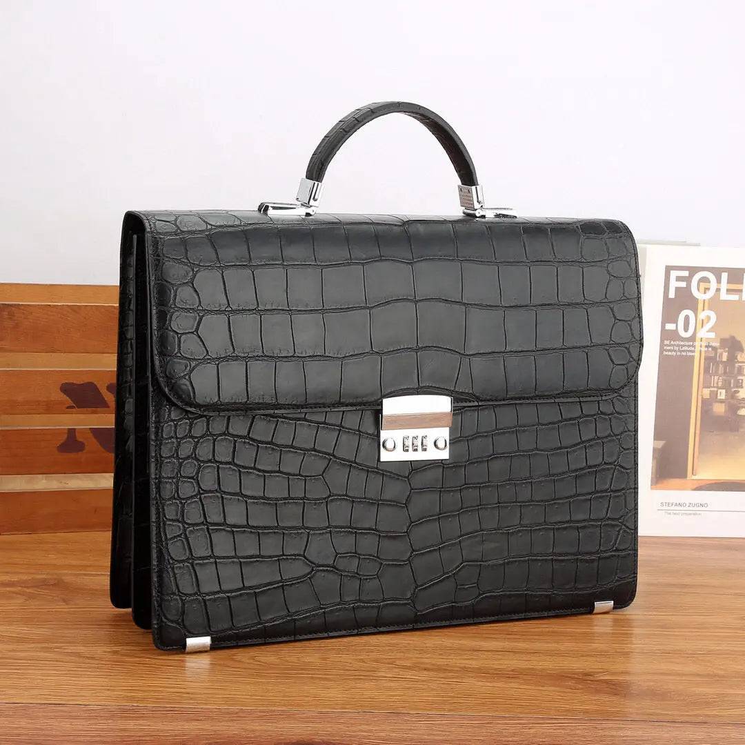 Genuine Crocodile Leather Briefcase Password Lock Buiness Bag Black