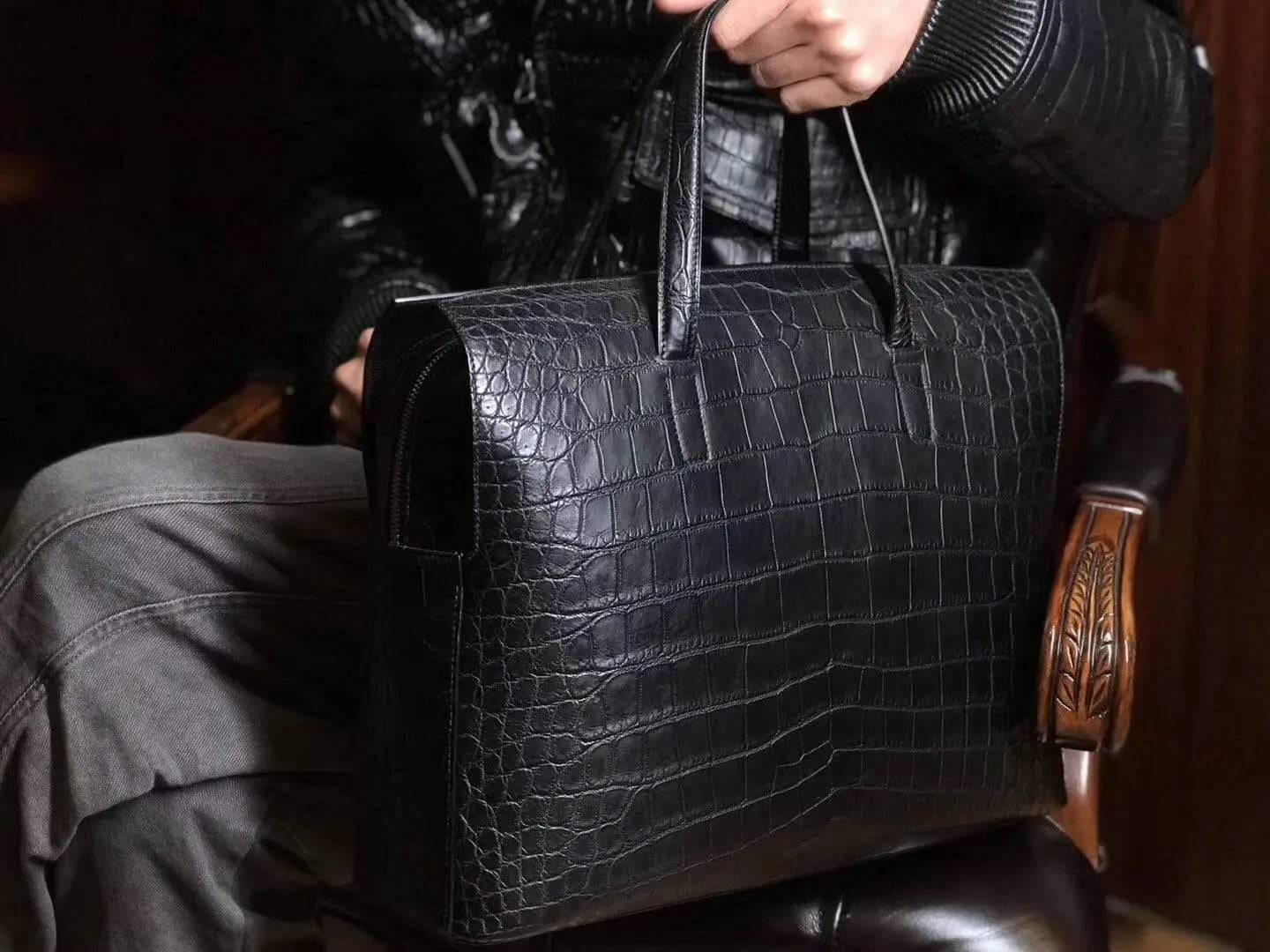 Genuine Crocodile Leather Zip-Top Briefcase