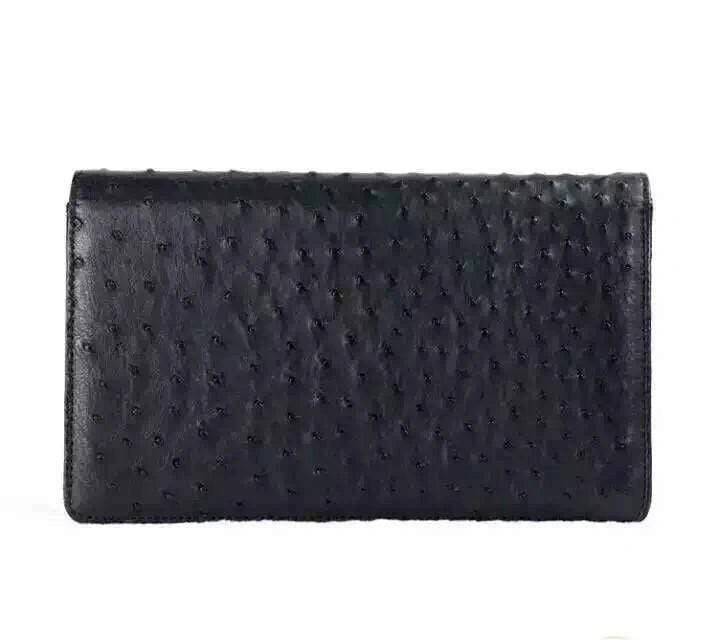 Genuine Ostrich Leather Foldover Clutch Bag/Travel Case Black For Men