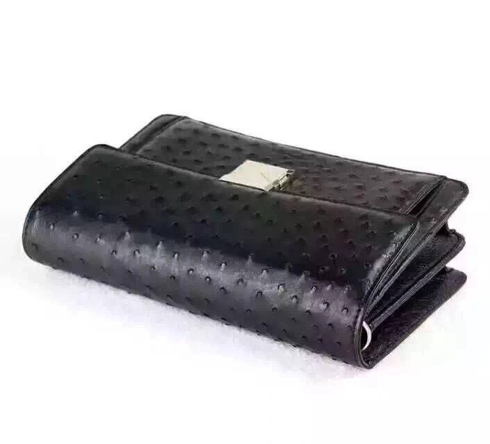 Genuine Ostrich Leather Foldover Clutch Bag/Travel Case Black For Men