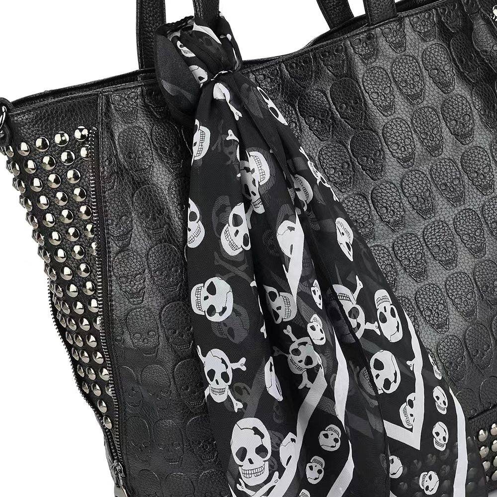 3D Large Shopper Bag,  Studded Embossed Skull Large Shopper Bag With Small Pouch & Scarf