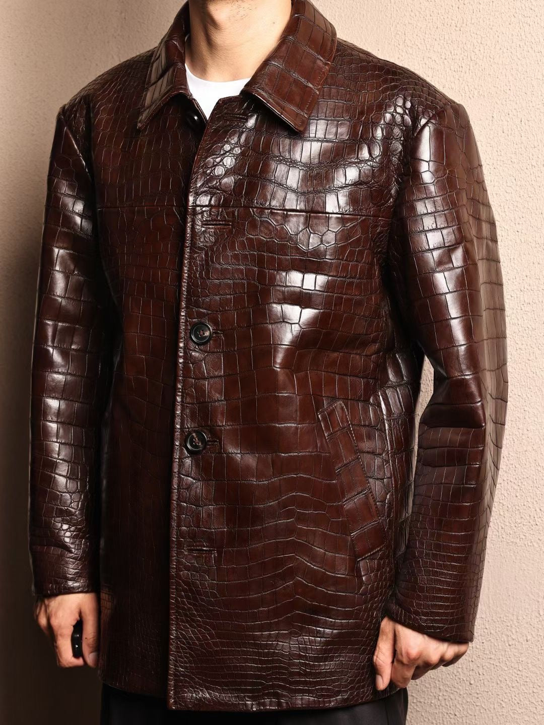Crocodile Jacket , Men's Mid-Length Crocodile Skin Leather Chinese Tunic Suits Mandarin Collar Formal Jacket