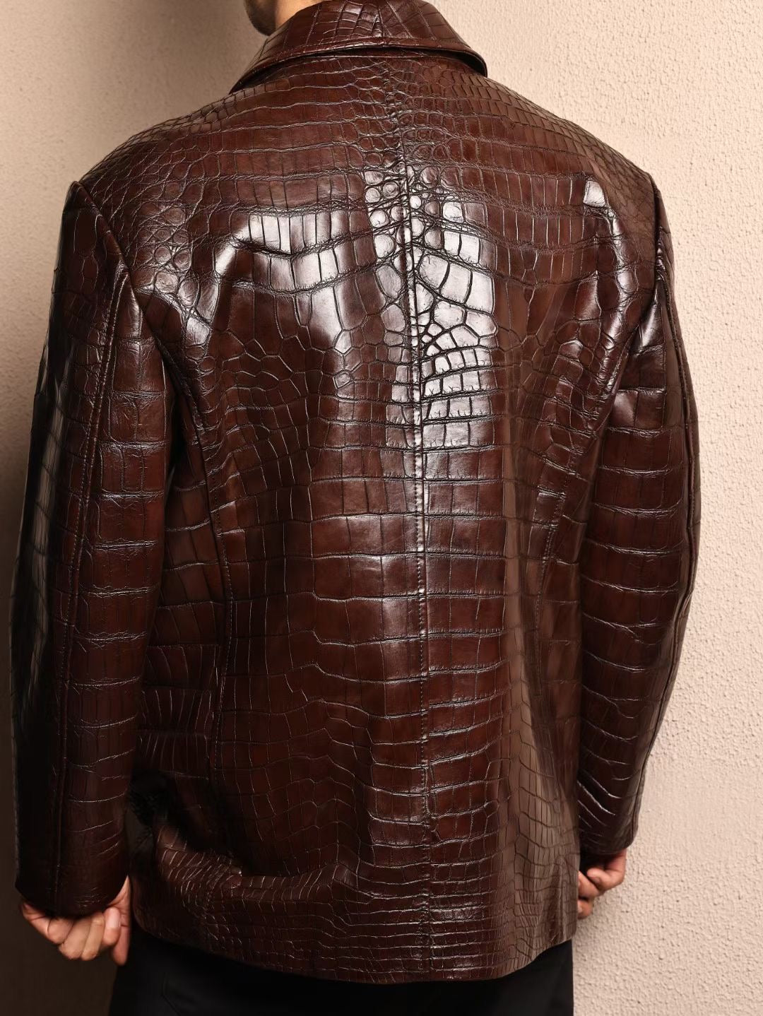 Crocodile Jacket , Men's Mid-Length Crocodile Skin Leather Chinese Tunic Suits Mandarin Collar Formal Jacket
