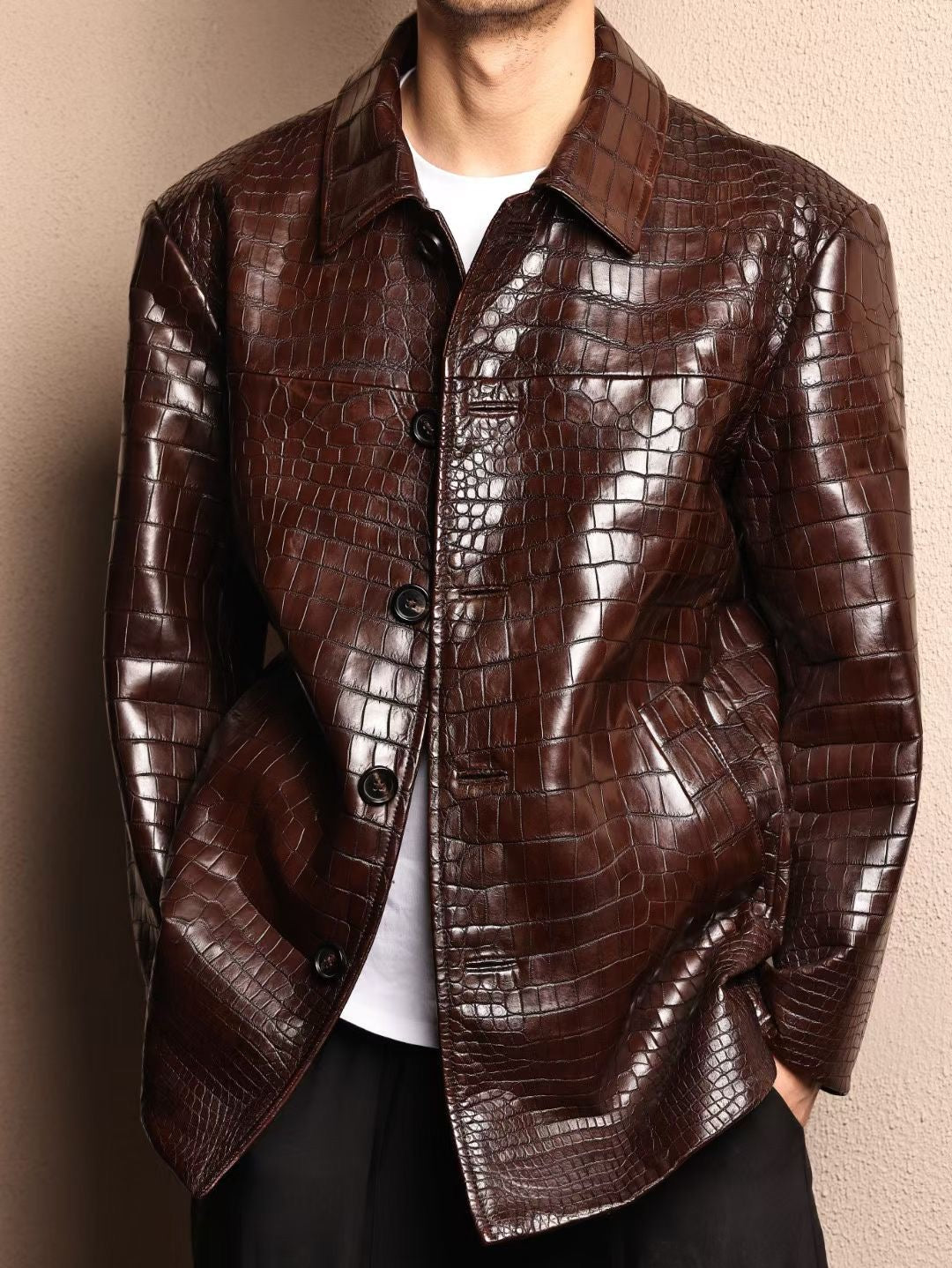 Crocodile Jacket , Men's Mid-Length Crocodile Skin Leather Chinese Tunic Suits Mandarin Collar Formal Jacket