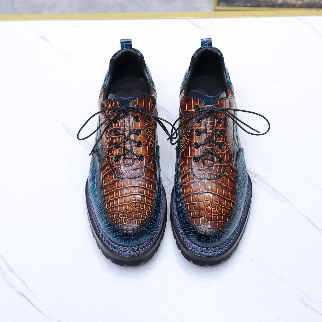 Crocodile Shoes Crocodile Leather Norwegian Sewn Lace Up Dress Shoes Vintage Brown/ Blue