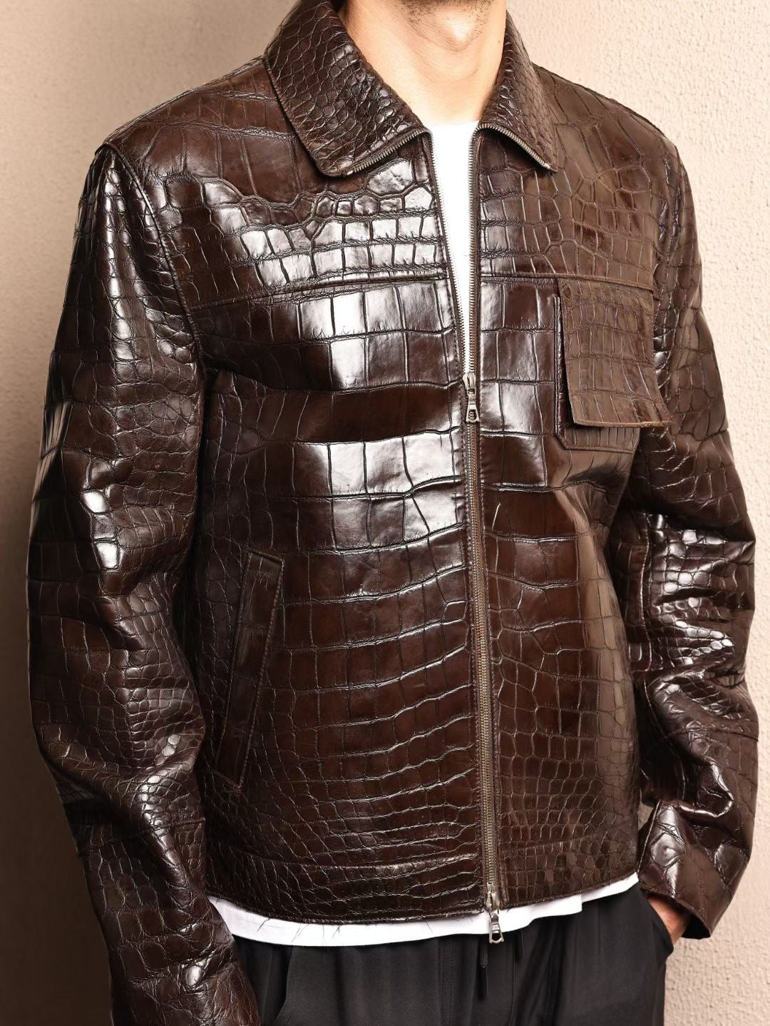 Crocodile Jacket , Men's Crocodile Skin Leather Jacket Brown