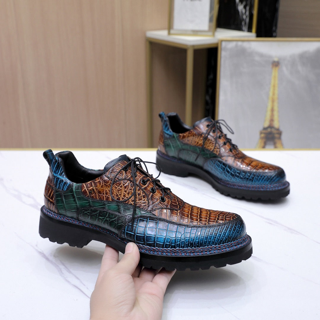 Crocodile Shoes Crocodile Leather Norwegian Sewn Lace Up Dress Shoes Vintage Brown/ Blue