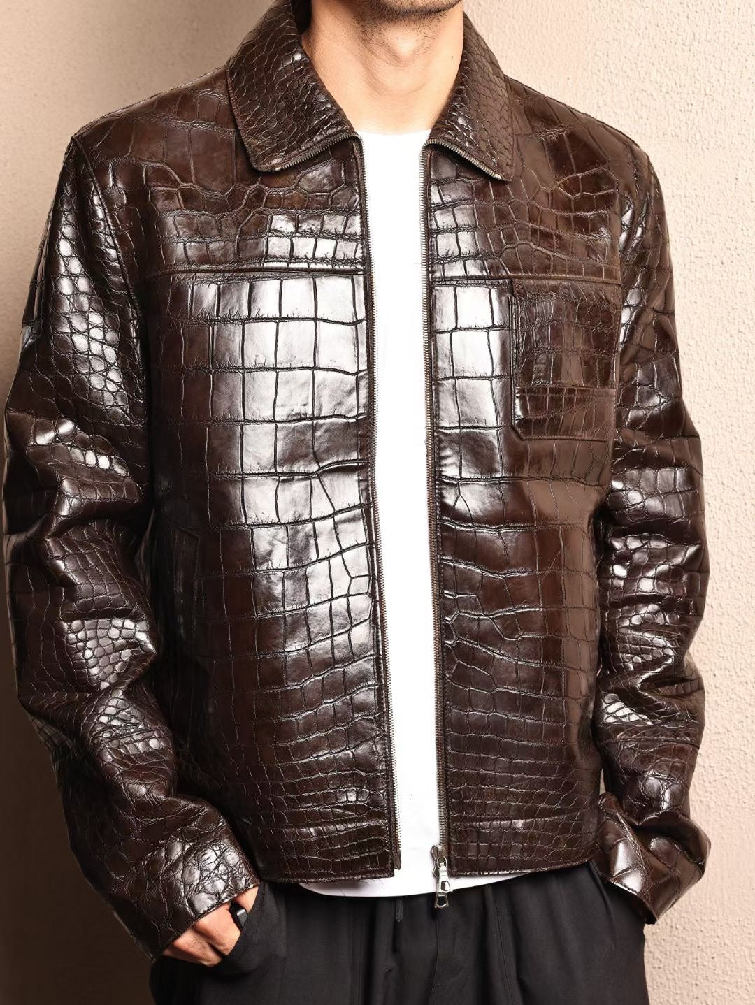 Crocodile Jacket , Men's Crocodile Skin Leather Jacket Brown