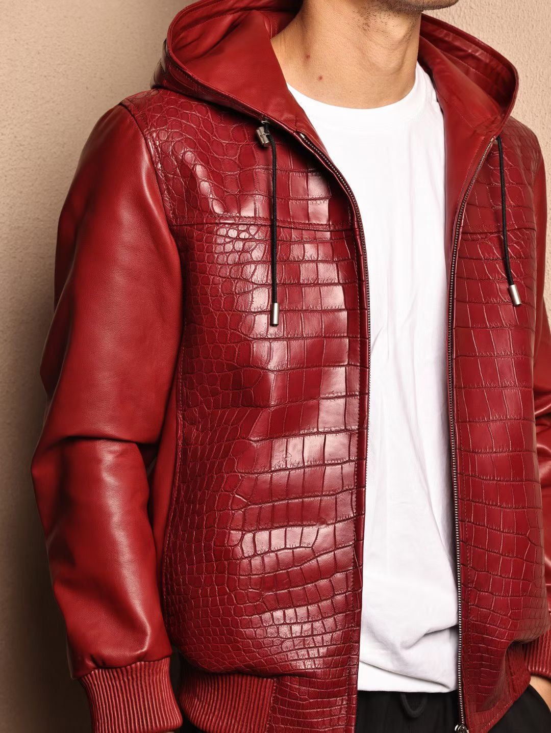 Men's Premium Red Crocodile Skin Leather Hoodie Jacket , Genuine Lambskin Leather Hoodie Red