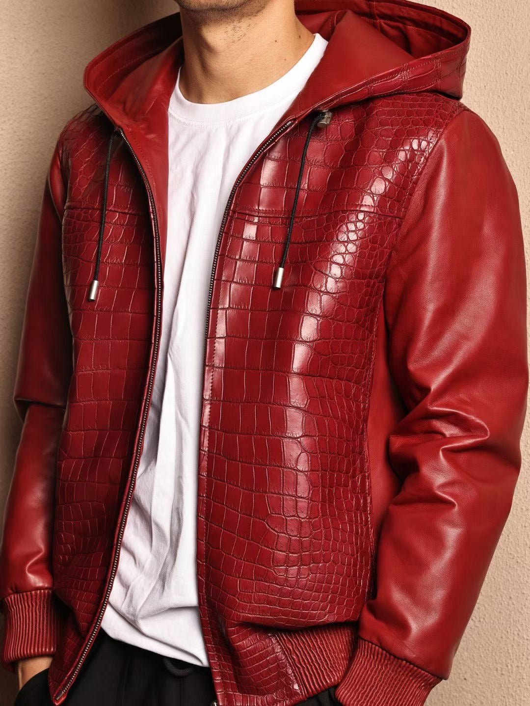 Men's Premium Red Crocodile Skin Leather Hoodie Jacket , Genuine Lambskin Leather Hoodie Red