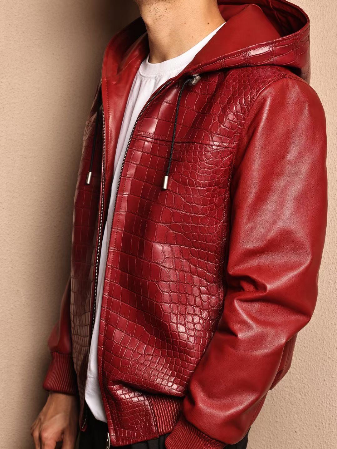 Men's Premium Red Crocodile Skin Leather Hoodie Jacket , Genuine Lambskin Leather Hoodie Red