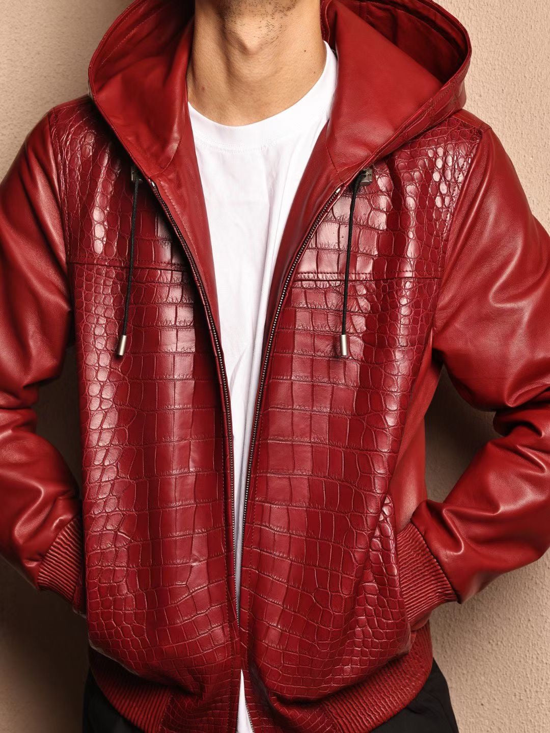 Men's Premium Red Crocodile Skin Leather Hoodie Jacket , Genuine Lambskin Leather Hoodie Red