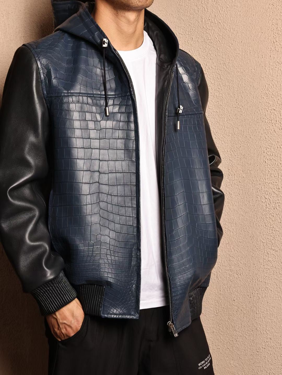 Men's Premium Crocodile Skin Leather Hoodie Jacket , Genuine Lambskin Leather Hoodie Navy Blue