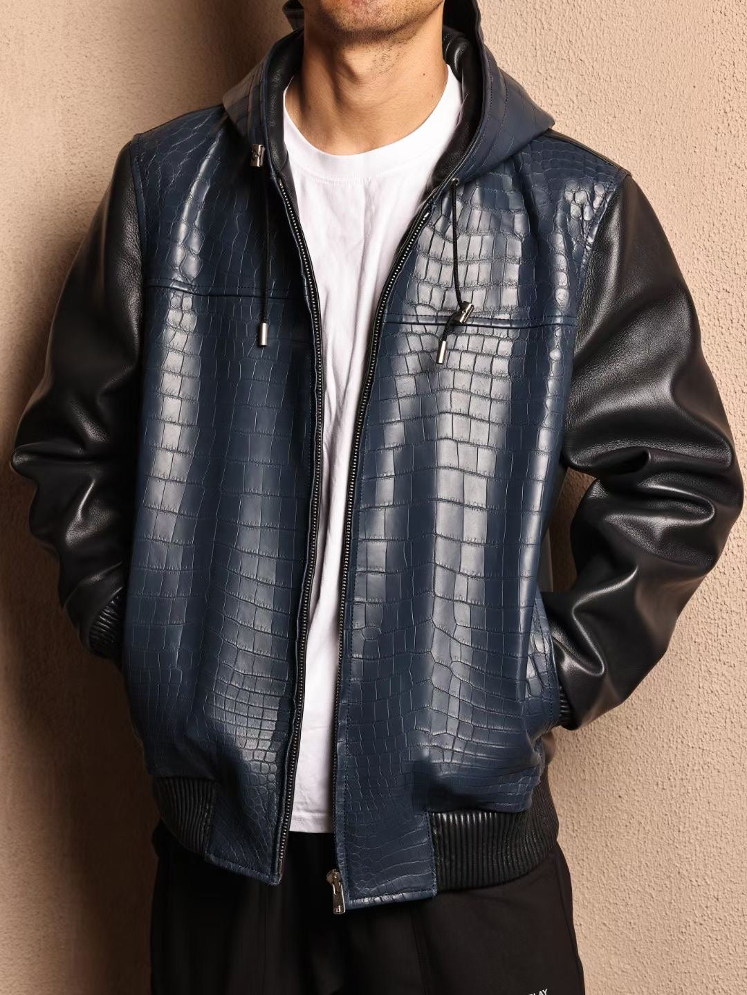 Men's Premium Crocodile Skin Leather Hoodie Jacket , Genuine Lambskin Leather Hoodie Navy Blue