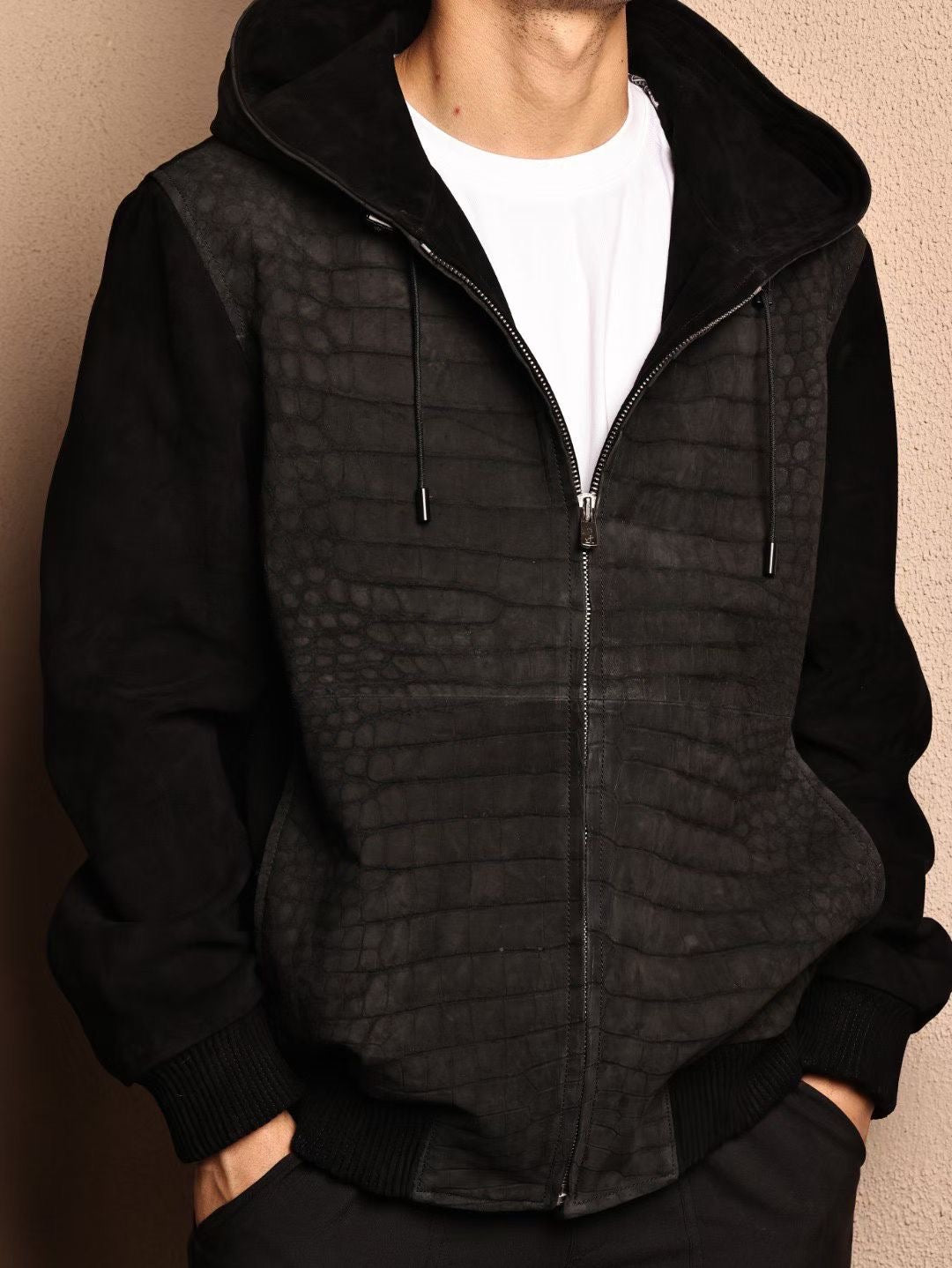 Men's Nubuck Grey Premium Crocodile Skin Leather Hoodie Jacket , Genuine Suede Lambskin Leather Hoodie