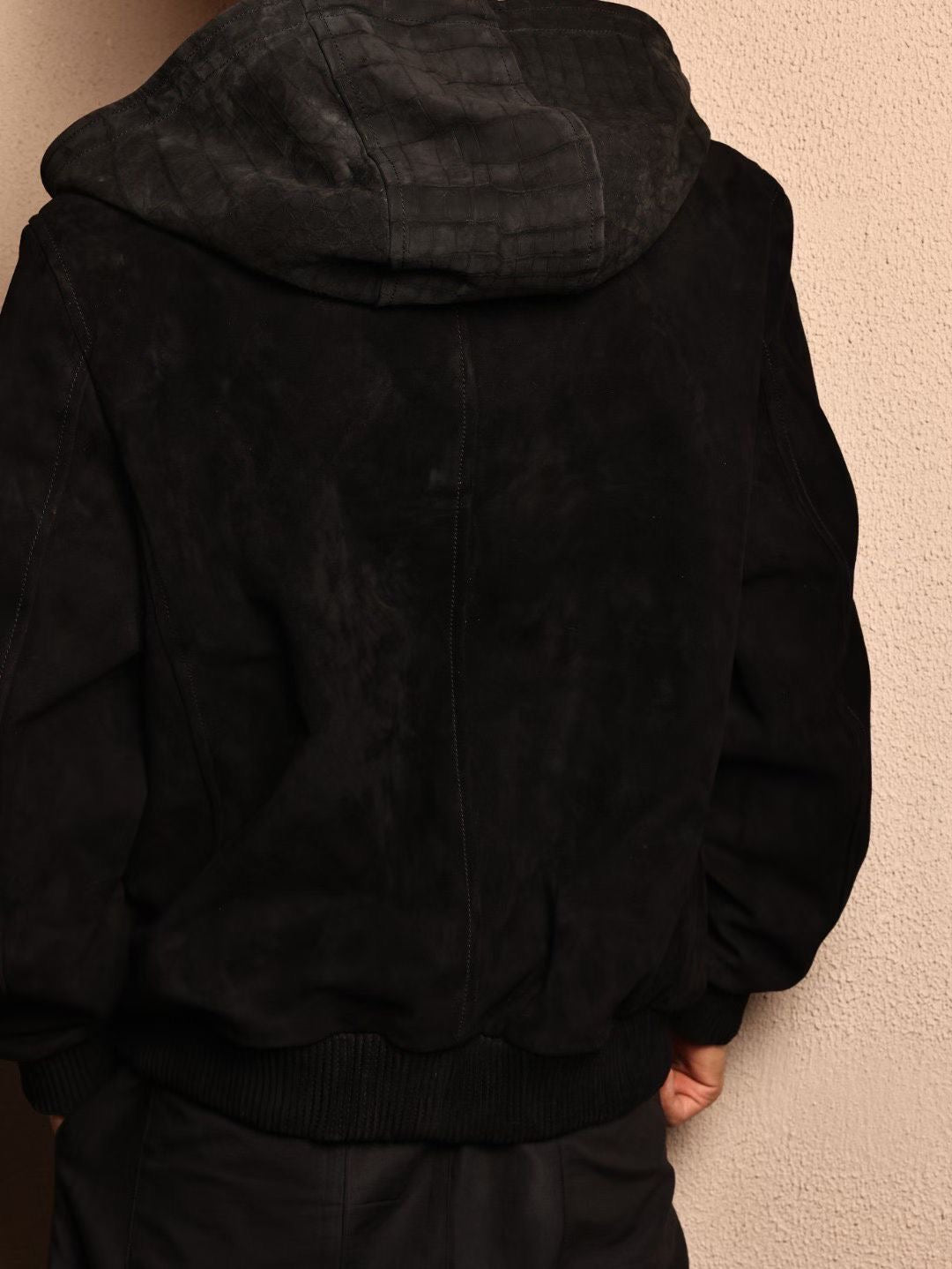 Men's Nubuck Grey Premium Crocodile Skin Leather Hoodie Jacket , Genuine Suede Lambskin Leather Hoodie