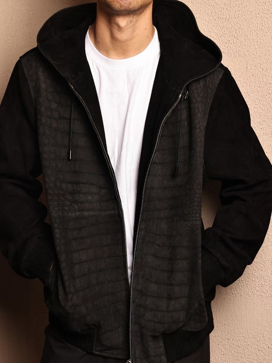 Men's Nubuck Grey Premium Crocodile Skin Leather Hoodie Jacket , Genuine Suede Lambskin Leather Hoodie