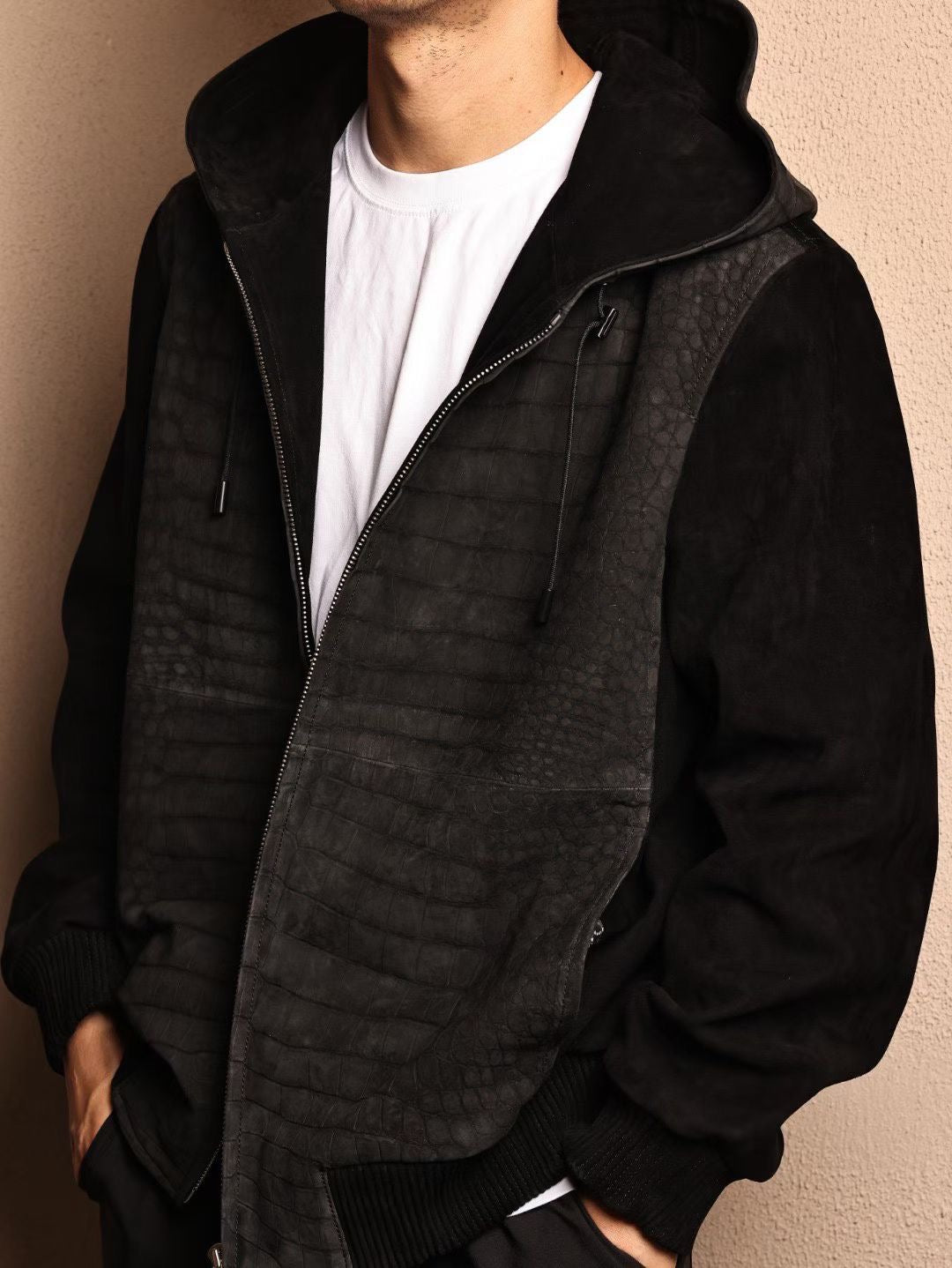 Men's Nubuck Grey Premium Crocodile Skin Leather Hoodie Jacket , Genuine Suede Lambskin Leather Hoodie