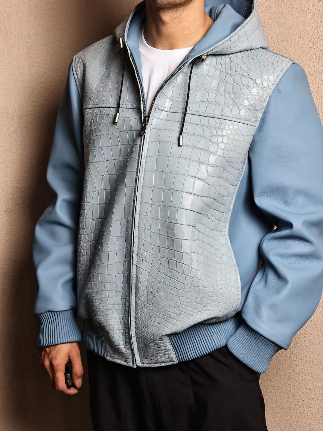 Men's Baby Blue Premium Crocodile Skin Leather Hoodie Jacket , Genuine Lambskin Leather Hoodie