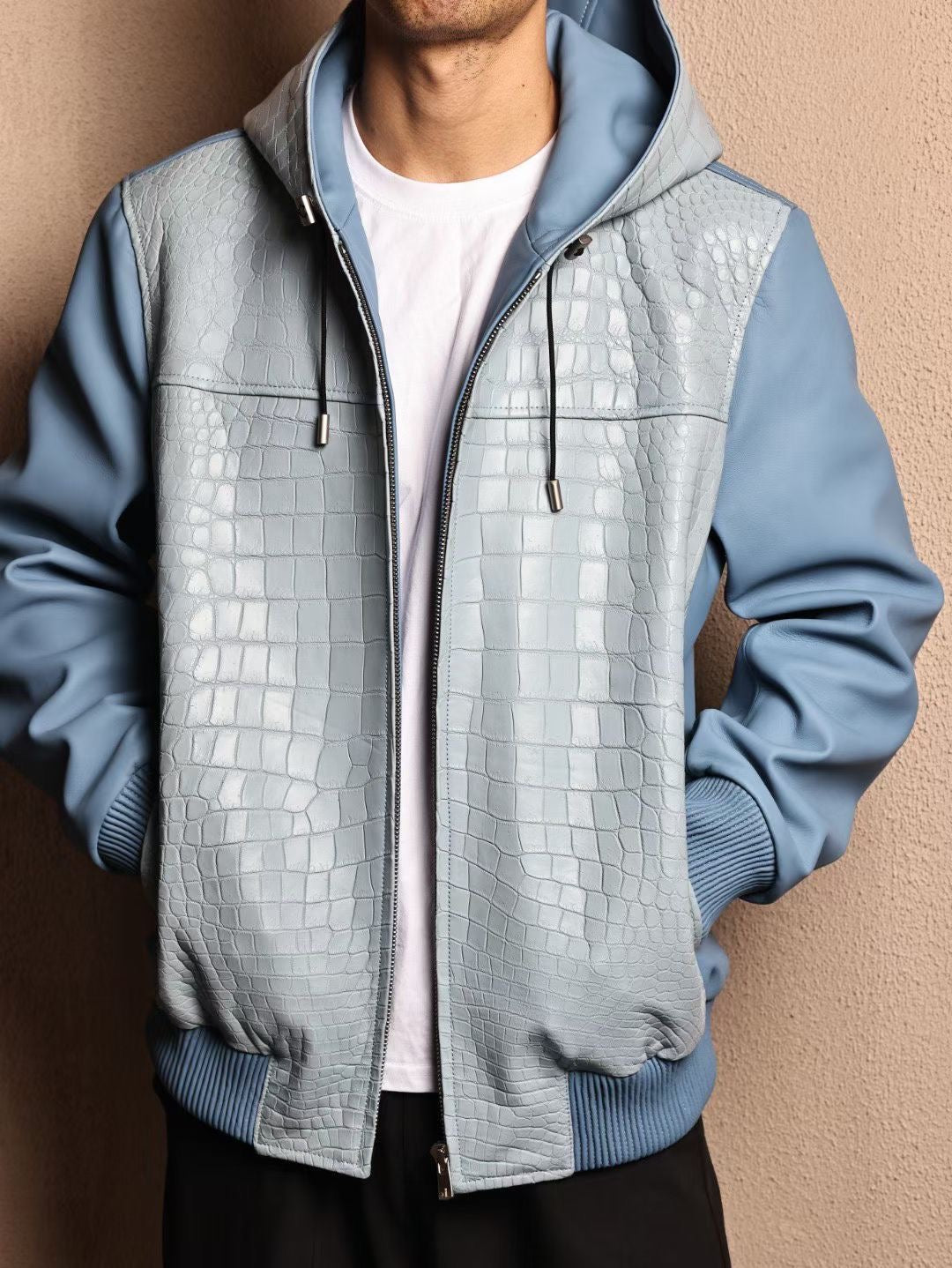 Men's Baby Blue Premium Crocodile Skin Leather Hoodie Jacket , Genuine Lambskin Leather Hoodie