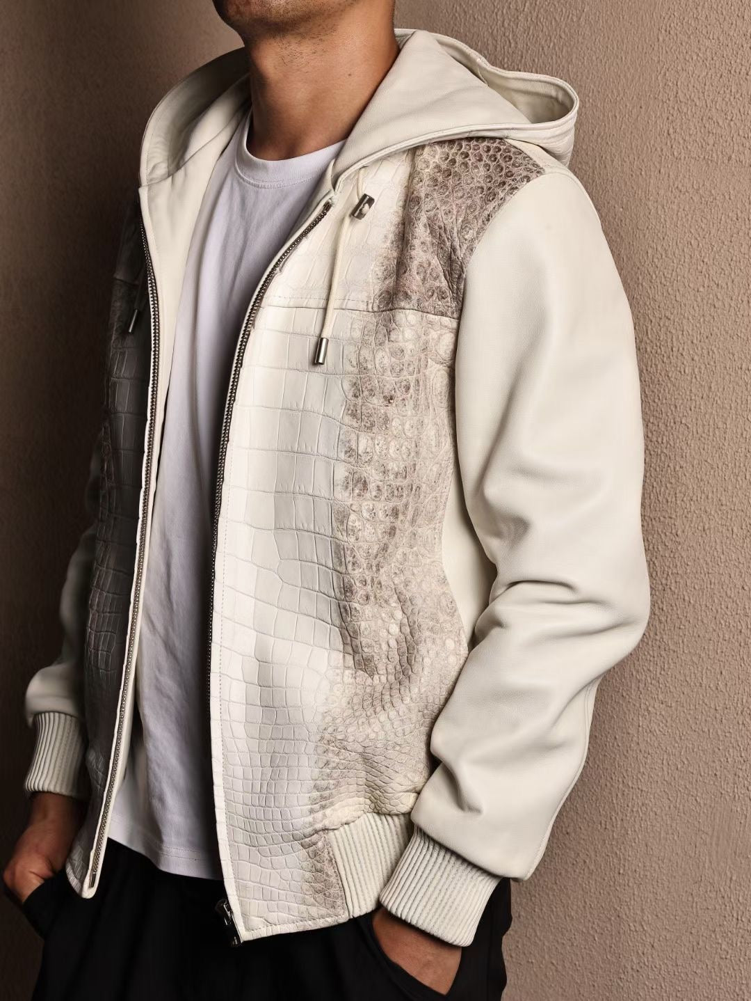 Men's Premium Himalayan Crocodile Skin Leather Hoodie Jacket , Genuine Lambskin Leather Hoodie Himalayan