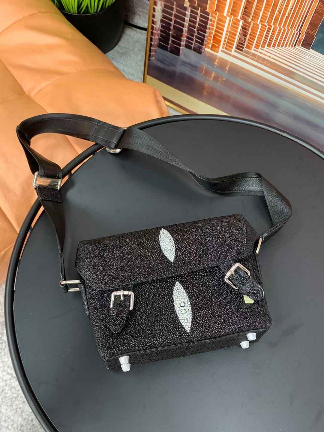 Genuine Pearl Stingray Leather Cross Body Shoulder Bag Black