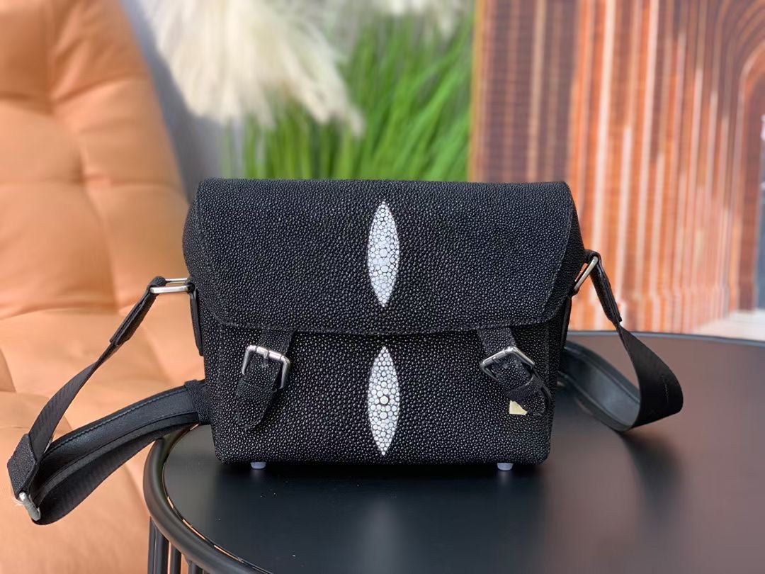 Genuine Pearl Stingray Leather Cross Body Shoulder Bag Black