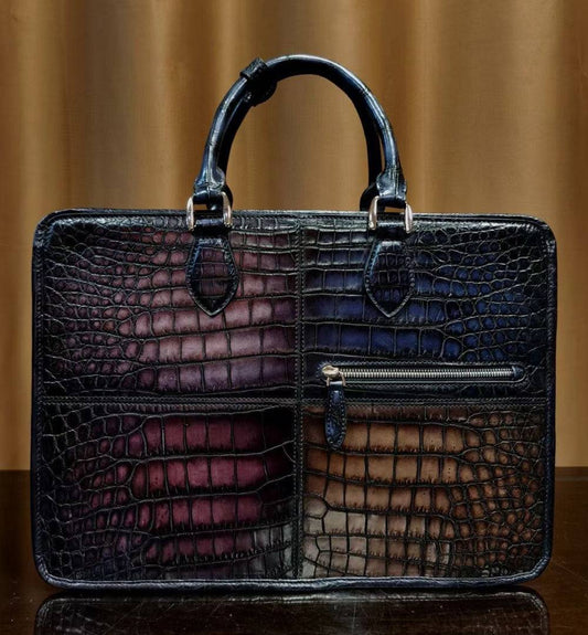 Men's Vintage Multi Color Crocodile Leather Briefcase With Carry on Duffel Bag Trolley Sleeve 38495