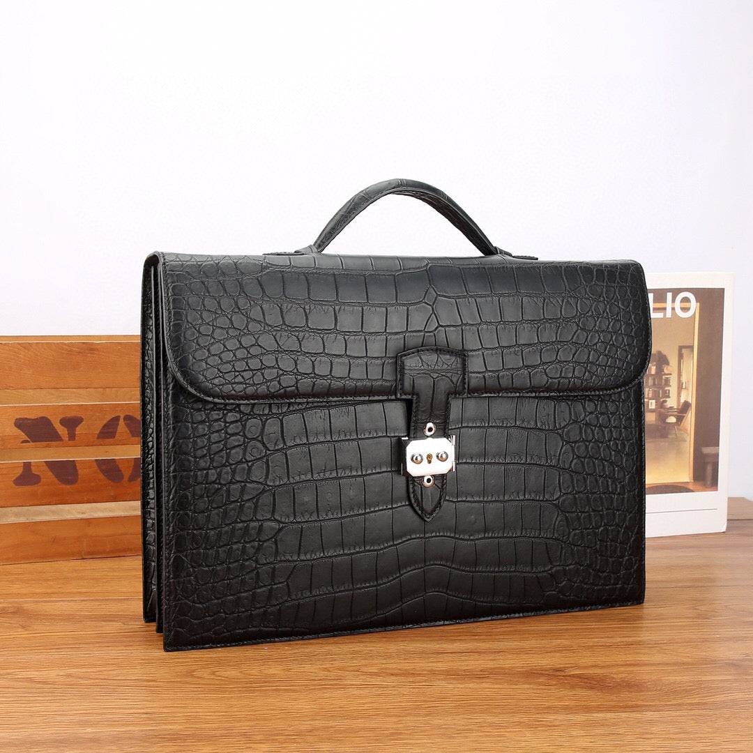 Preorder Mens Matt Crocodile Leather Briefcase Navy Blue