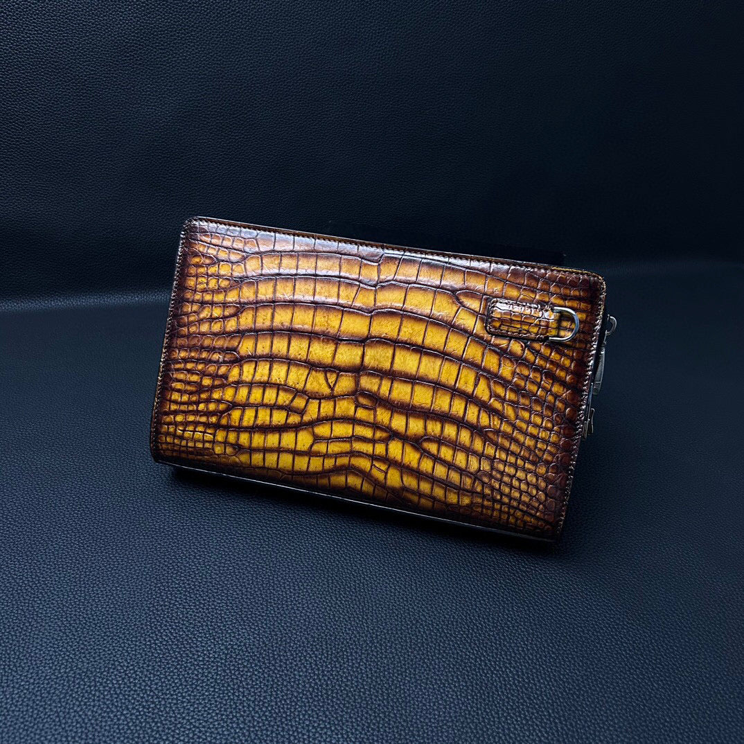 Mens Crocodile Leather Business Wrist Clutch Bag With Password Vintage Brown