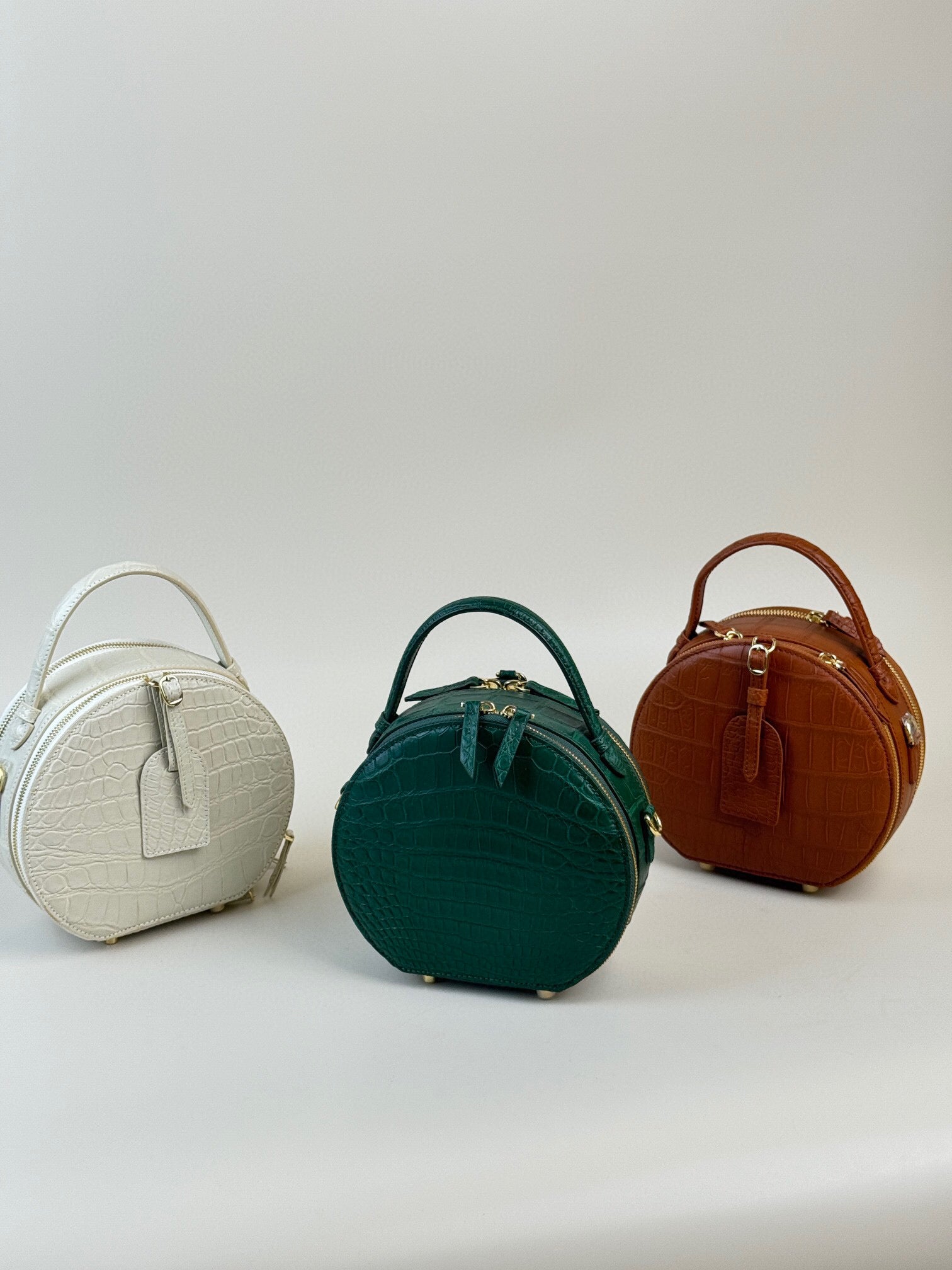 Womens Crocodile Leather Handle Bag , Crocodile Skin Leather Round Circle Apple Bag