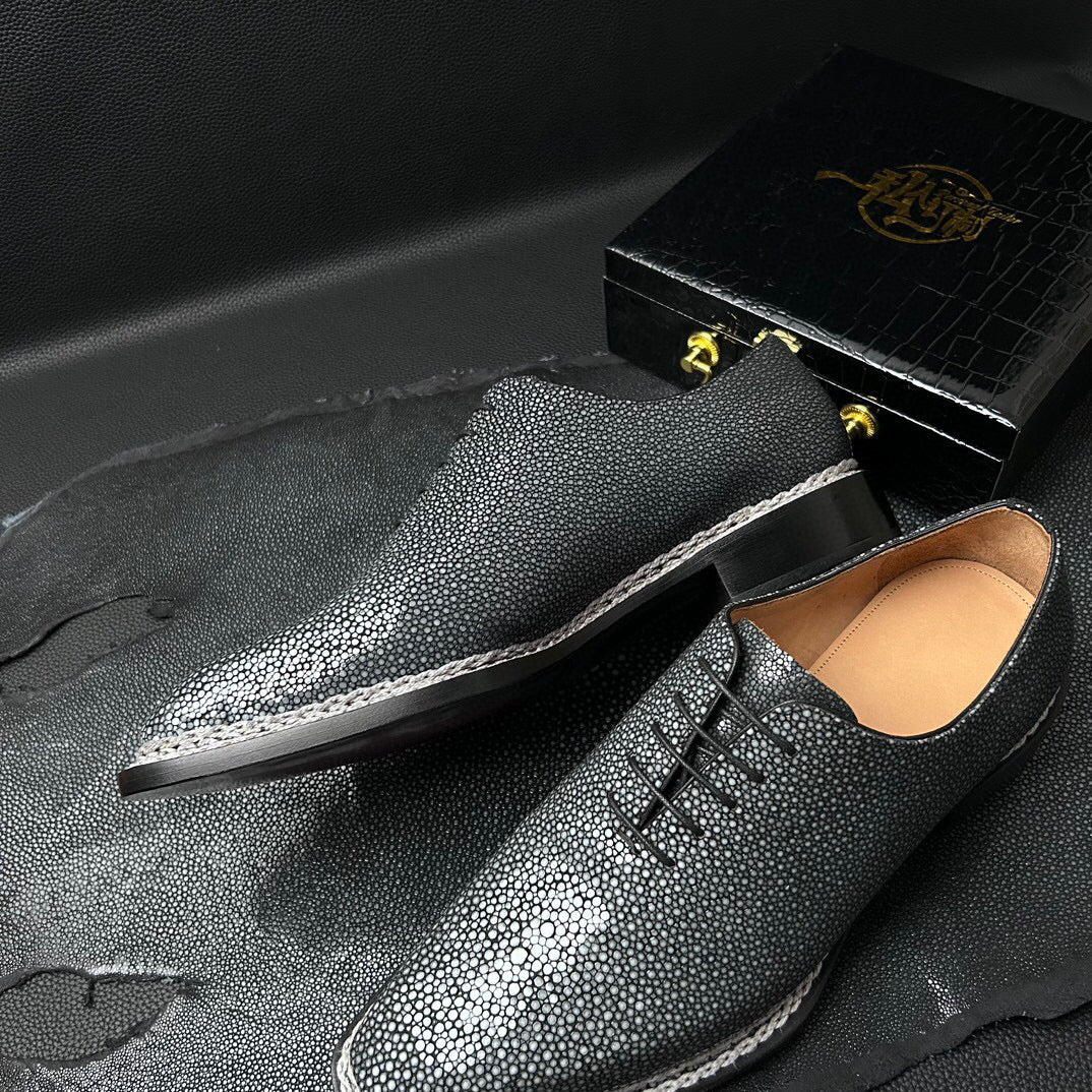 Genuine Pearl Stingray Leather Norwegian  Sewn Goodyear Fiddleback Sole  Lace Up Dress Shoes