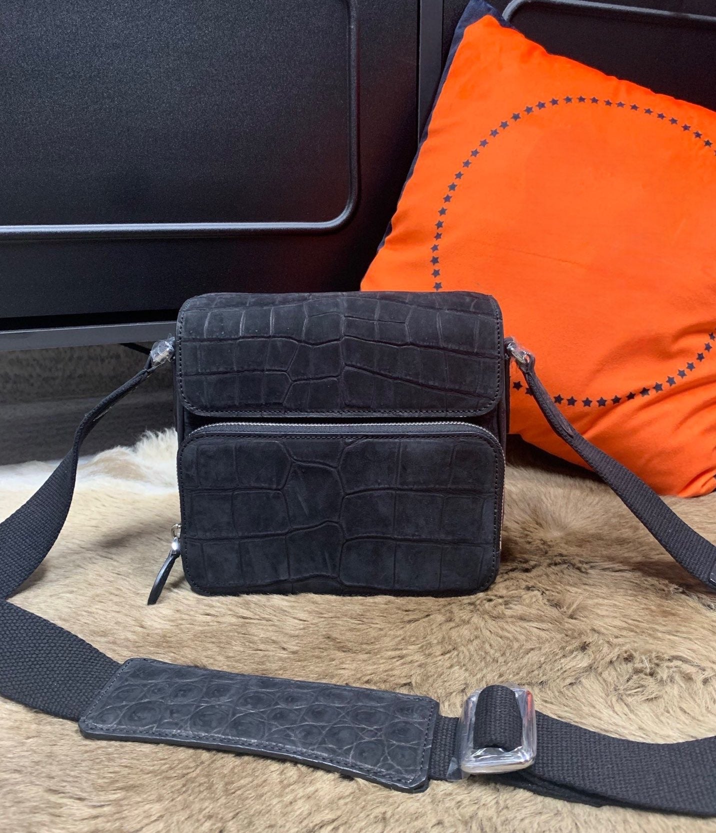 Nubuck Crocodile Leather Cross Body Shoulder Bag Small