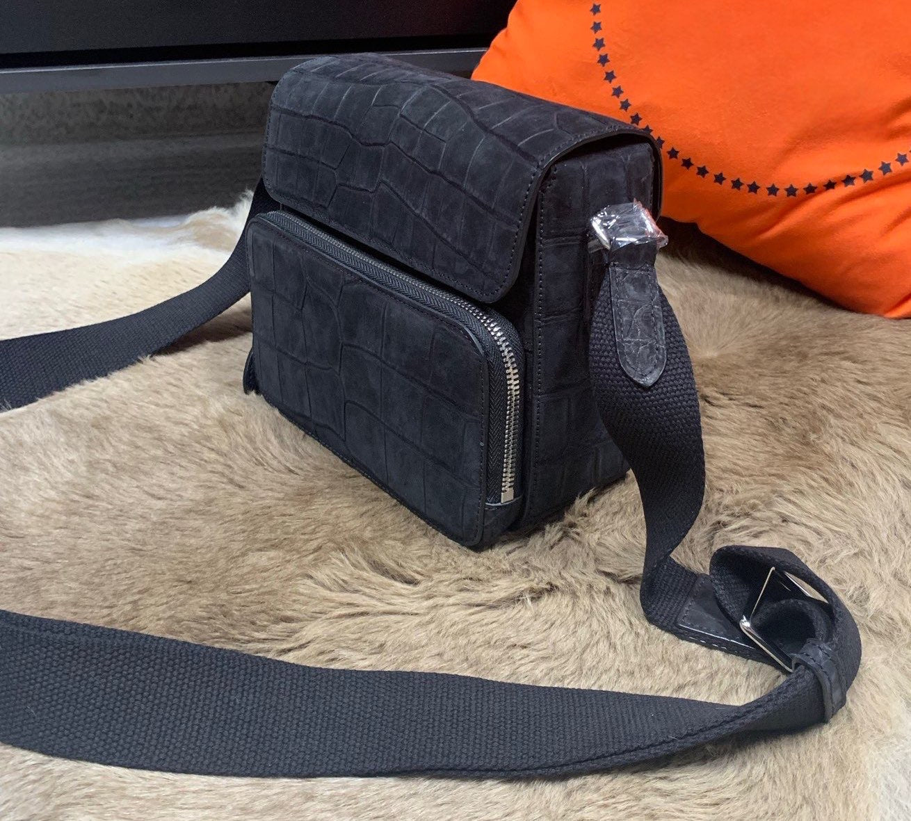 Nubuck Crocodile Leather Cross Body Shoulder Bag Small