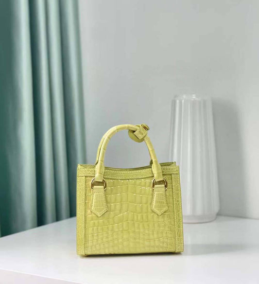 Womens Beaded Shiny Crocodile Leather Top Handle Bag Yellow