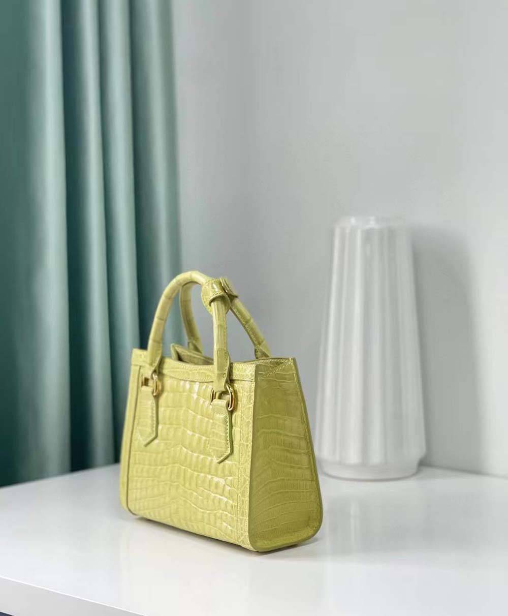 Womens Beaded Shiny Crocodile Leather Top Handle Bag Yellow