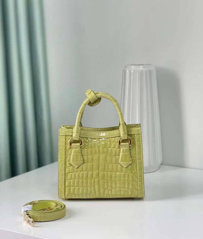 Womens Beaded Shiny Crocodile Leather Top Handle Bag Yellow