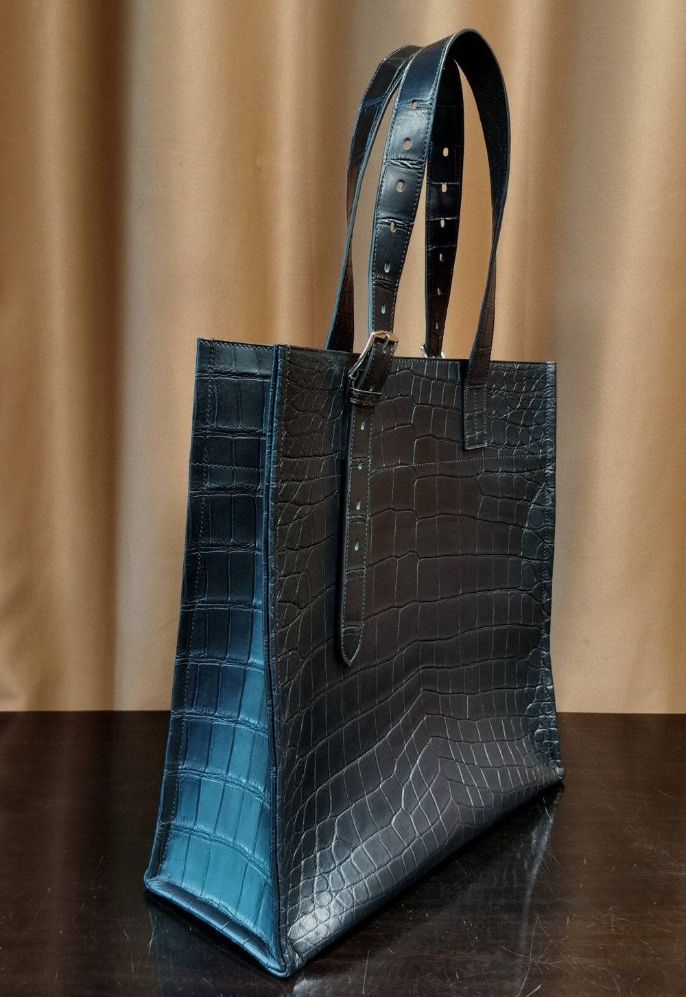 Unisex  Black Crocodile Leather Large Shopper Tote  Bag