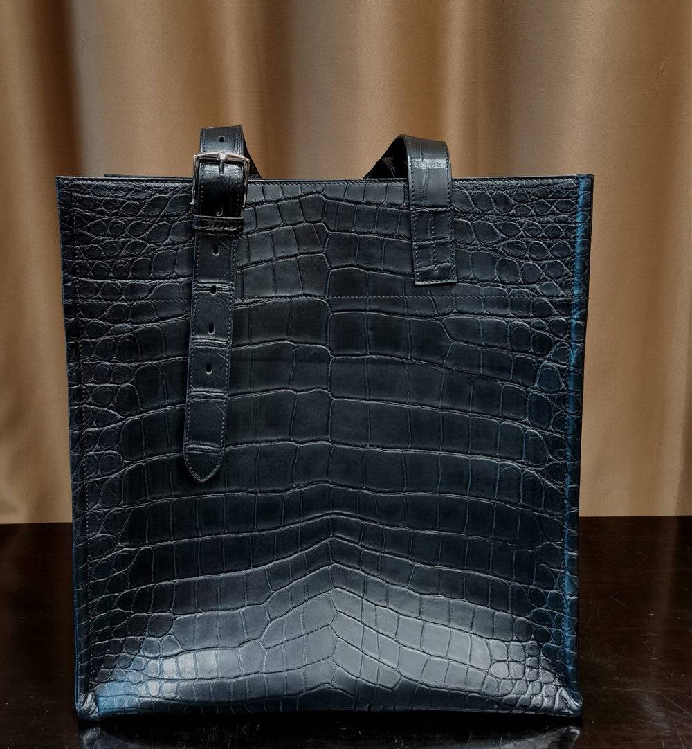 Unisex  Black Crocodile Leather Large Shopper Tote  Bag