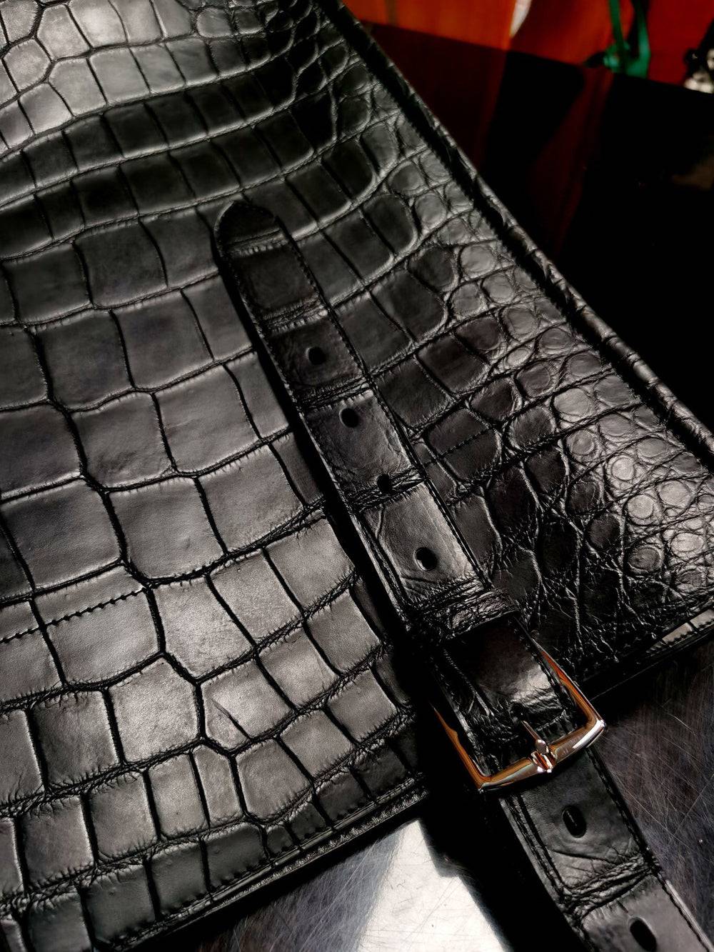 Unisex  Black Crocodile Leather Large Shopper Tote  Bag