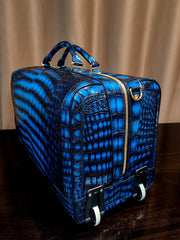 Genuine Crocodile Skin Leather Large Duffel Roller Handle Shoulder Business Travel  Bag Vintage Blue