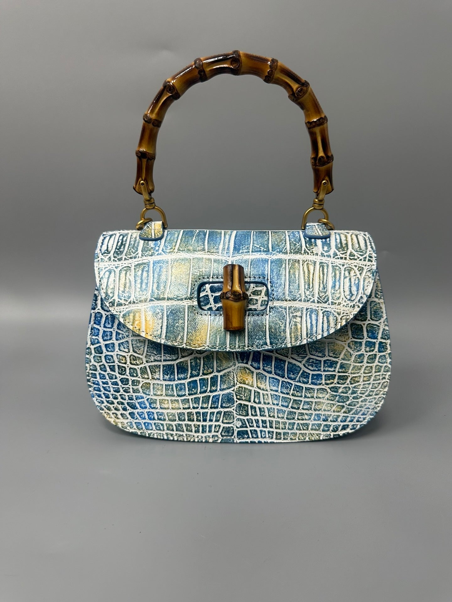 Brushed Crocodile Skin Leather Bamboo Top Handle Cross Body Bag