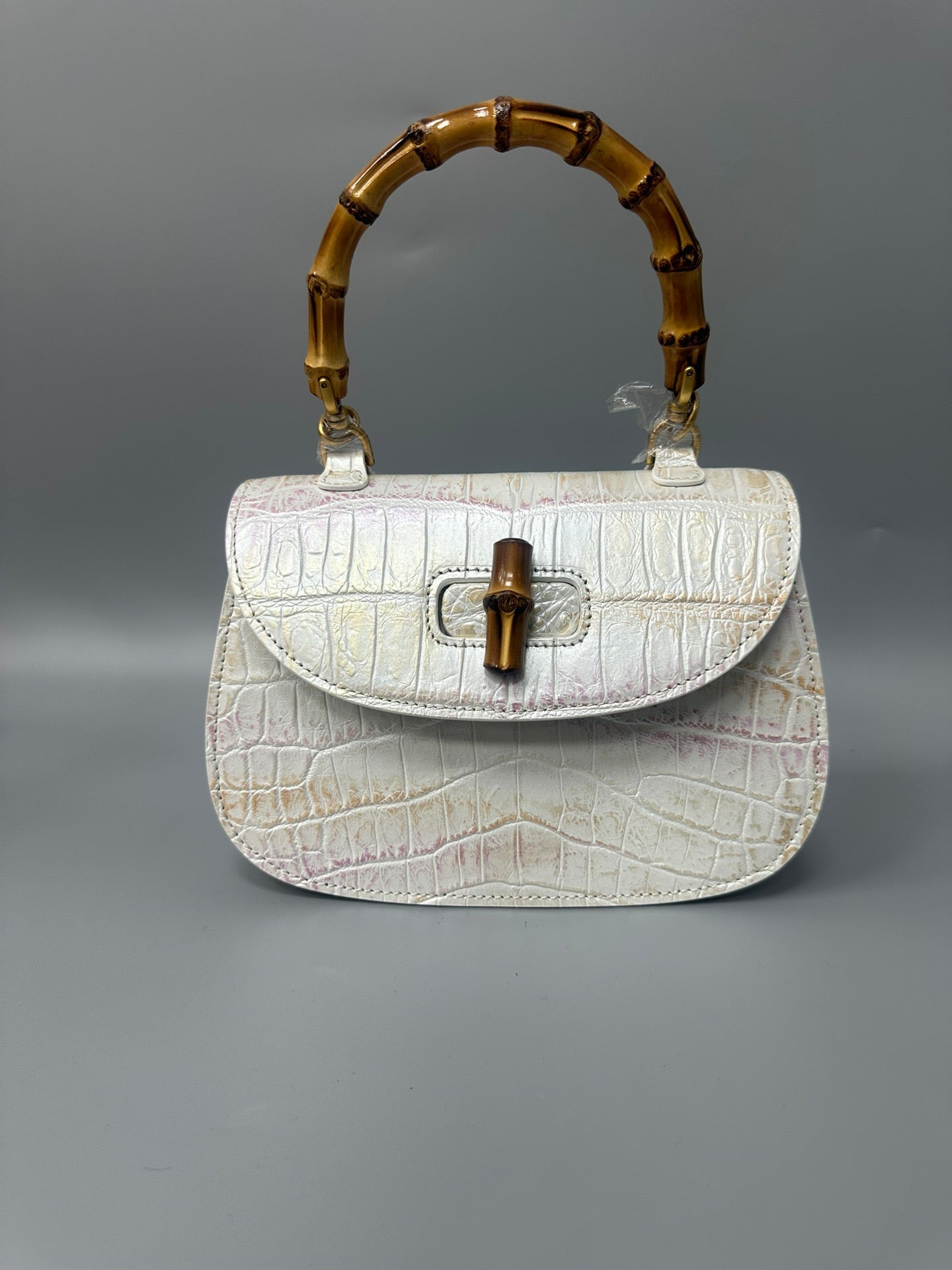 Brushed Crocodile Skin Leather Bamboo Top Handle Cross Body Bag