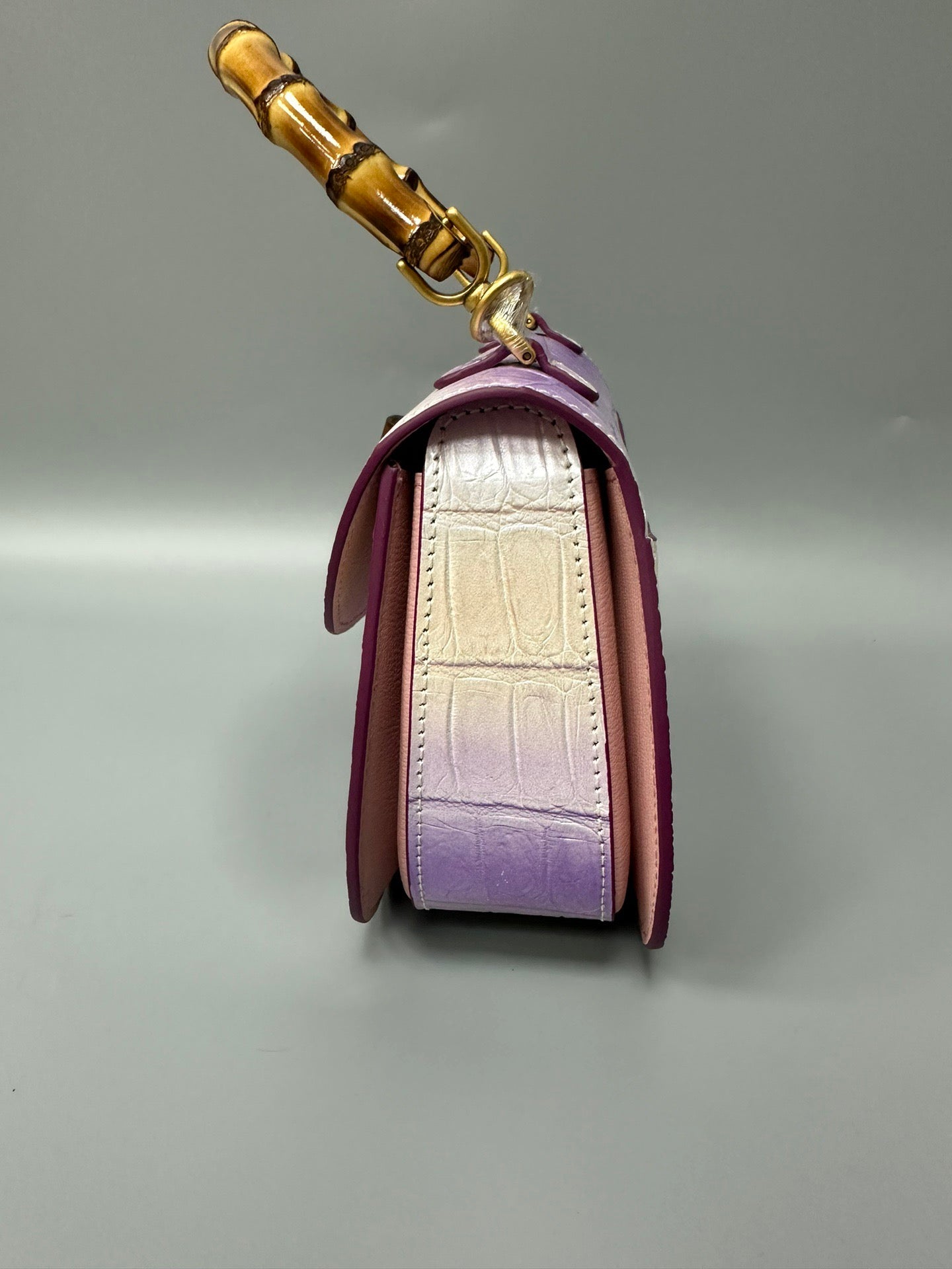 Brushed Crocodile Skin Leather Bamboo Top Handle Cross Body Bag