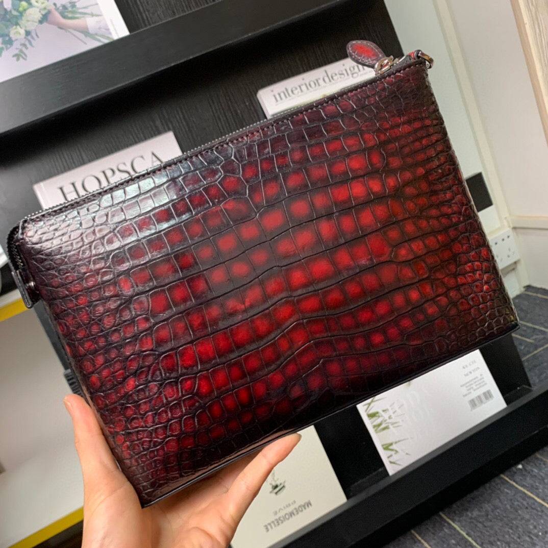 Mens  Vintage Genuine Crocodile Skin Leather Clutch