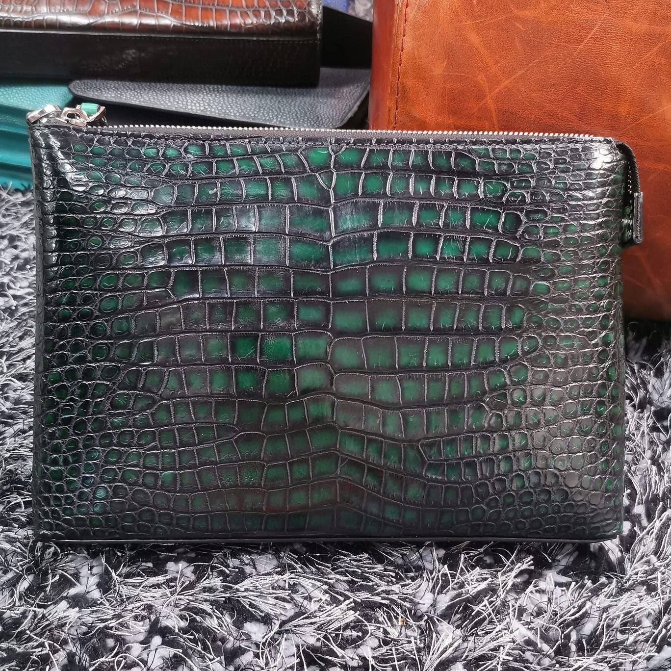 Mens  Vintage Genuine Crocodile Skin Leather Clutch