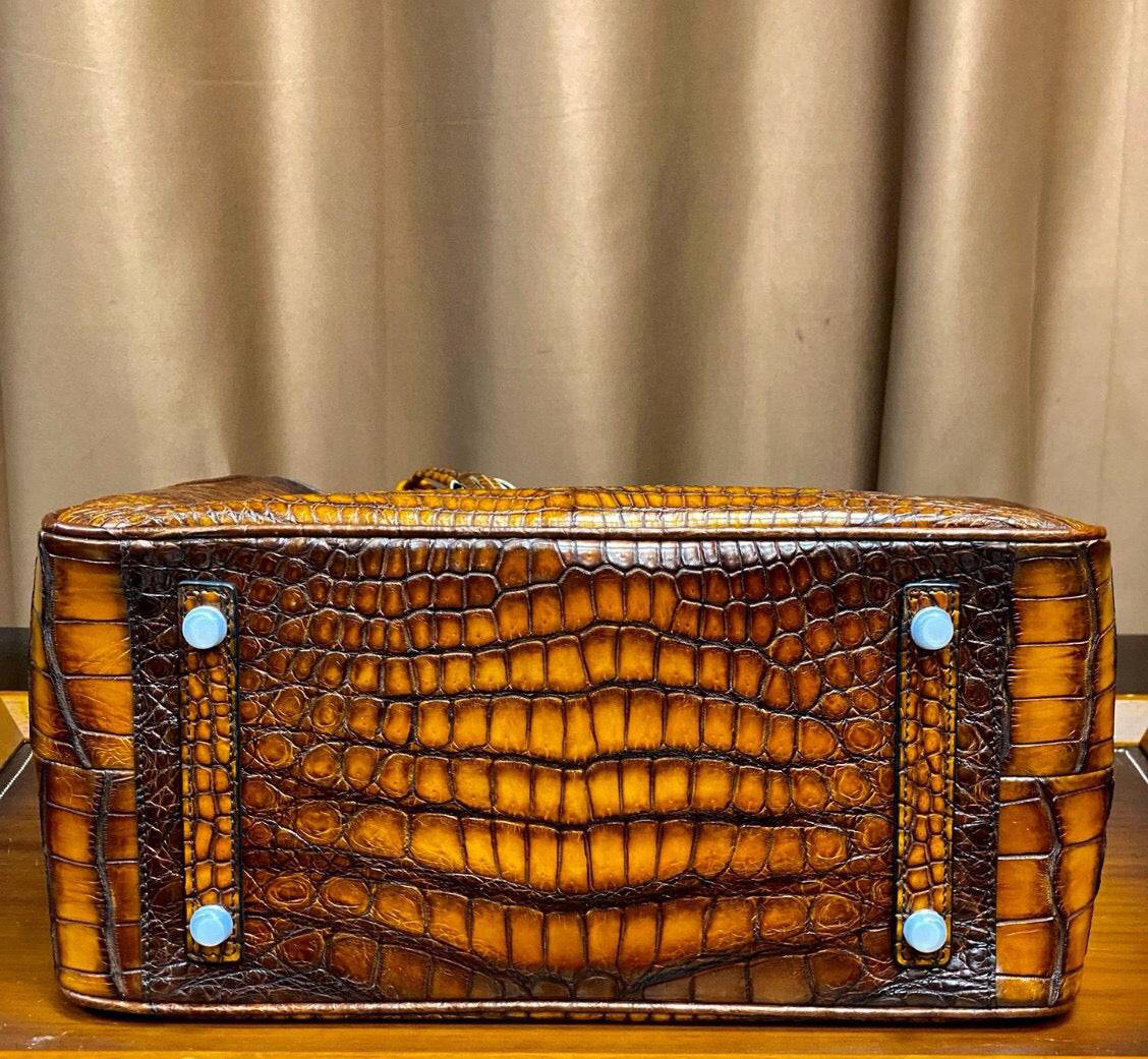 Large Crocodile Leather Laptop Business Briefcase Shopper Tote Bag Vintage Amber Yellow