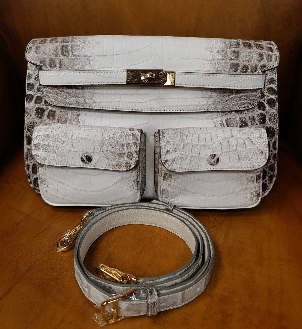 Unisex Crocodile Leather Padlock  Messenger Cross Body Shoulder Bag  Himalaya White